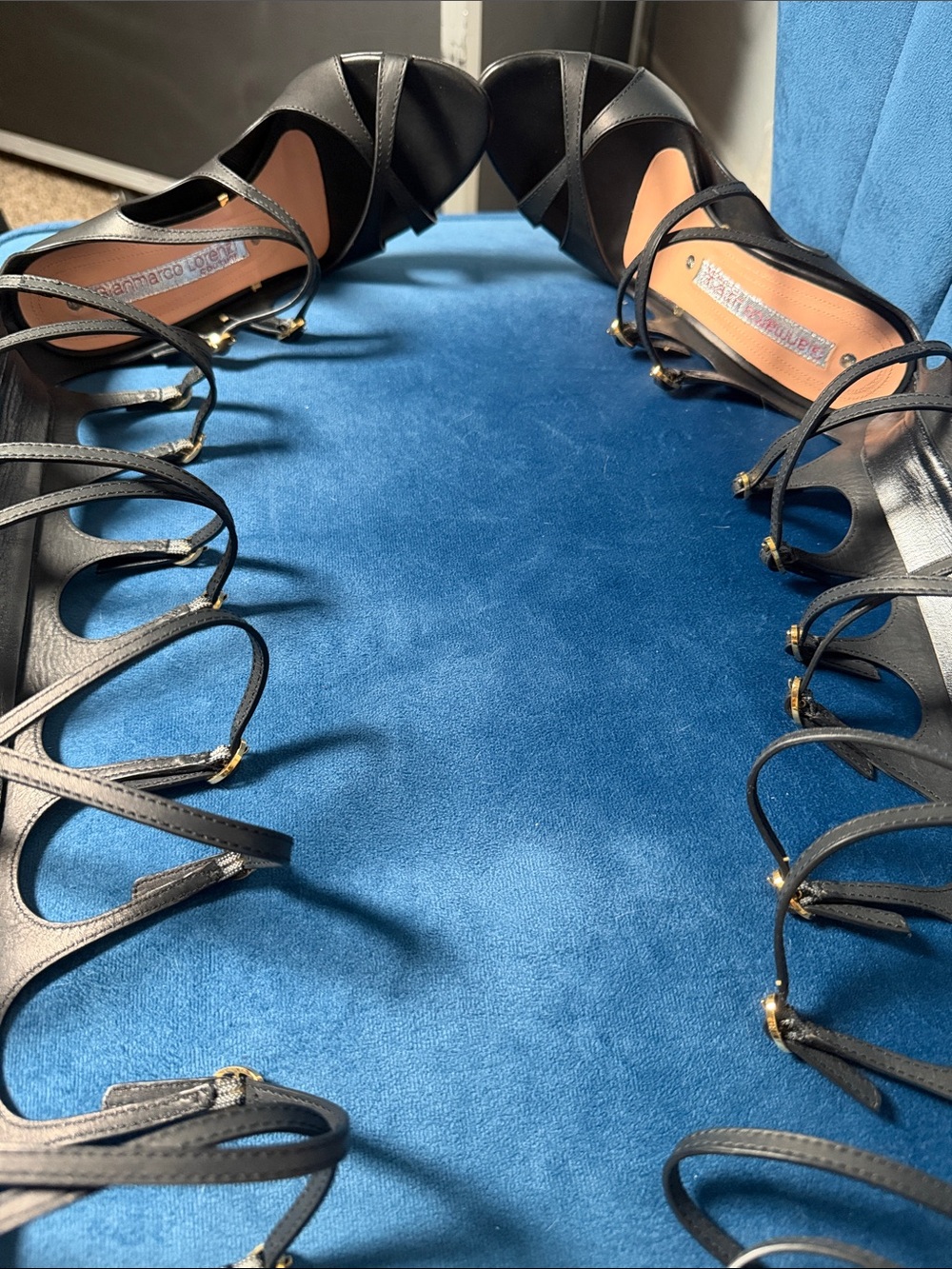 Gianmarco Lorenzi Black Strappy Women’s Sandals with Gold Accent